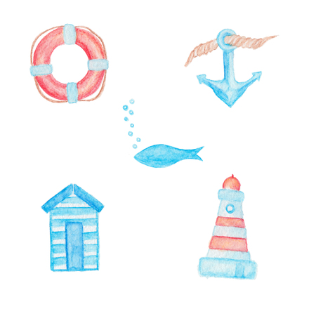 Red lifebuoy, anchor with rope, blue fish with bubbles, striped beach changing room and lighthouse 
watercolor pencils illustrations isolated on whiteの写真素材