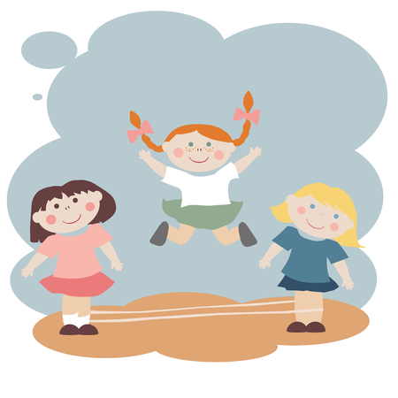 Three pretty little girls play elastics gameのイラスト素材