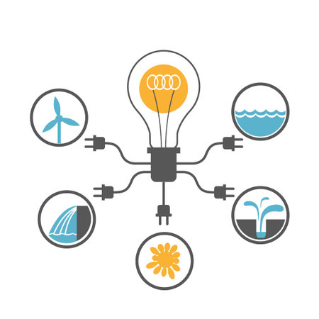 Light bulb connected to eco safe energy sources: sun, surf, wind, geothermal and hydro powerのイラスト素材