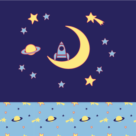 Rocket stands on moon, stars, planet and comet. Cozy wear top and bottom patternsのイラスト素材