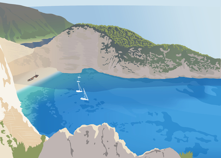 Navagio or Shipwreck beach at the Zakynthos island, Greece, illustrationのイラスト素材