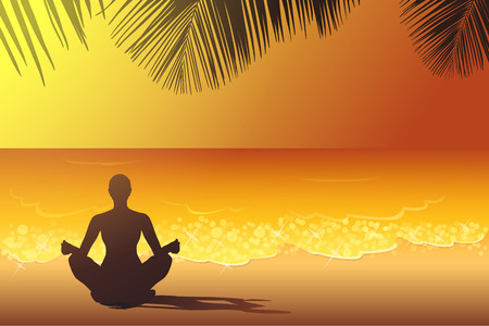 Woman is sitting in the yoga pose on the beach at the sunset vector illustrationのイラスト素材