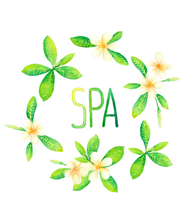 Tiare flowers and spa lettering watercolor paintingの写真素材