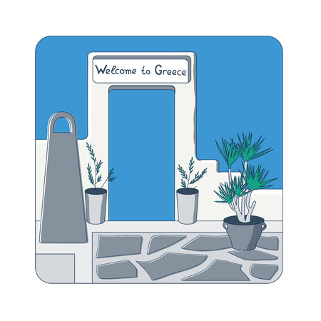 White gate in the wall with "Welcome to Greece" invitation and olive trees in the pots vector illustrationのイラスト素材