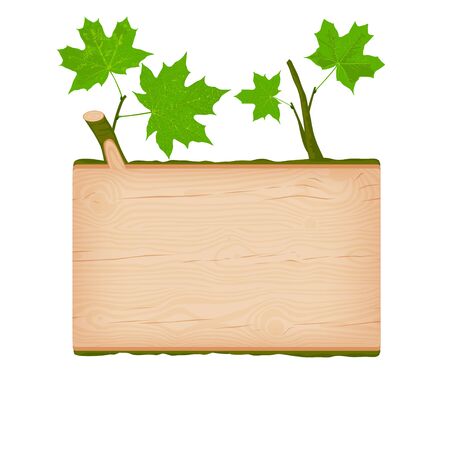 Natural textured maple wooden rectangular signboard with green leaves vector illustrationのイラスト素材