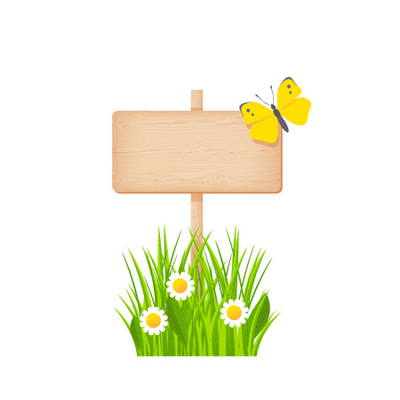 Wooden rectangular signboard with knots and cracks on a pole at the grass lawn with flowers and butterfly vector illustrationのイラスト素材