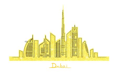 Dubai city-escape landmarks on the golden glitter illustration.のイラスト素材