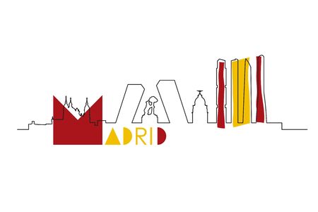 Madrid city landmarks and skyscrapers skyline vector illustration. Bear and strawberry tree, Cuatro torres, Gate of Europe towers, Almudena Cathedral and Gran Via. Spain flag colors.のイラスト素材