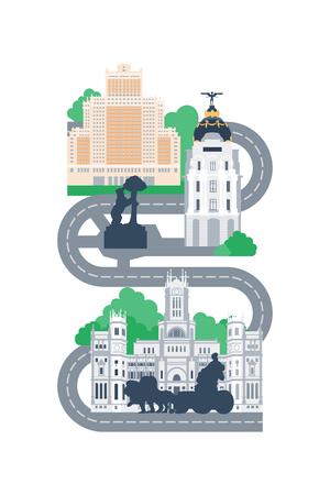 Madrid city landmarks map vector illustration. Bear and strawberry tree, Cibeles palace, Plaza Espana and Gran Via.のイラスト素材