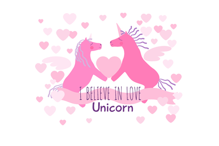 Two heterosexual pink winged unicorn horses with violet manes and tails hold the heart. I believe in love greeting card.のイラスト素材