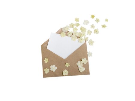 Brown paper envelope with greeting blank card and white flying flowers isolated on white