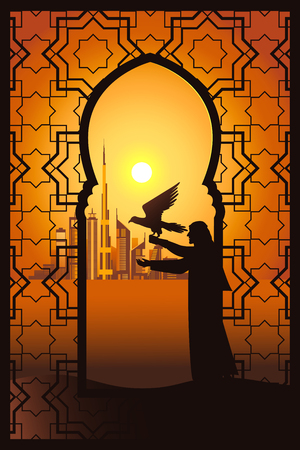 Falconer at the sunset in the desert on the Dubai city background vector illustration. View through traditional arabesque window.のイラスト素材