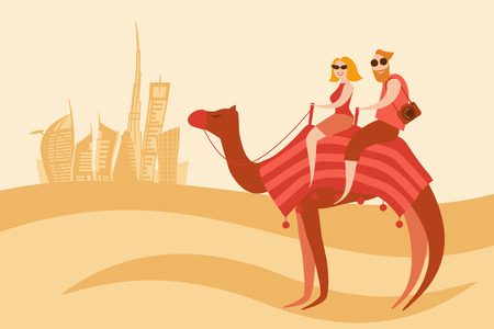 Tourists couple camel riders in the desert on the Dubai city background vector illustration. Man and woman sit on the camel back and smile.のイラスト素材