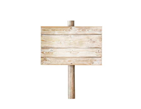 Wooden rectangular planks signboard on the pole isolated on whiteの写真素材