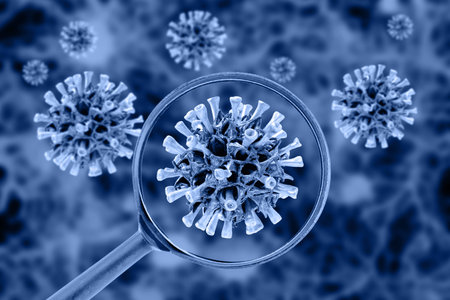 Virus cell view through a magnifying glass. Coronavirus concept.