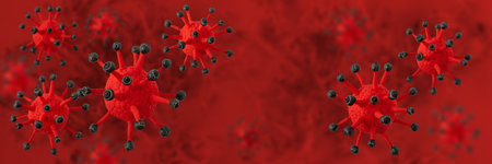 Coronavirus cells blurred medical long horizontal banner background. Covid-19 virions 3d...