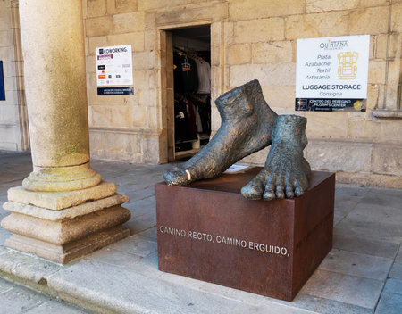 SANTIAGO DE COMPOSTELA, SPAIN - September 13, 2020:Feet sculpture with medical plaster near the Cathedral on the Quintana square in the Santiago de Compostela, Santiago de Compostela,Galicia, Spain.のeditorial素材