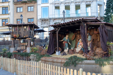 OVIEDO,SPAIN - DECEMBER 22,2021: Nativity scene at the cathedral square in the Oviedo historic center
during Christmas seasonのeditorial素材
