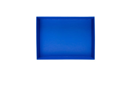 Blue cardboard box isolated on white. Open gift box. Rectangular empty paper container top view.の写真素材
