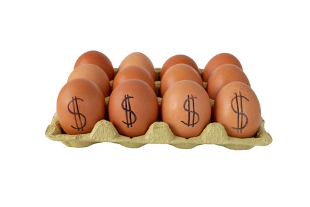Eggs marked with dollar signs, illustrating a sharp rise in egg prices. Isolation on white for economic, inflation, and cost-increase themes.の写真素材