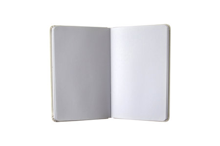 Empty open notebook displayed in the center isolated on white background. Clean stationery mockup with wide copy space for notes, planning, publishing, or design concepts.の写真素材