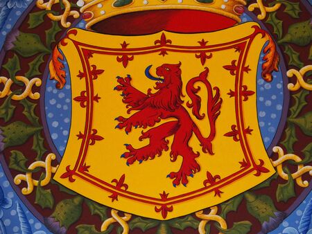 Painting of red scottish lion rampant symbol of SCOTLAND on armorial bearings in STIRLING castle in SCOTLAND, GREAT BRITAIN UK, EUROPE, AUGUSTの写真素材