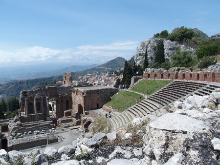 Ruins of ancient greek and roman theatre in Taorminaのeditorial素材