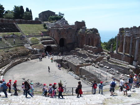 Ruins of ancient greek and roman theatre in Taorminaのeditorial素材