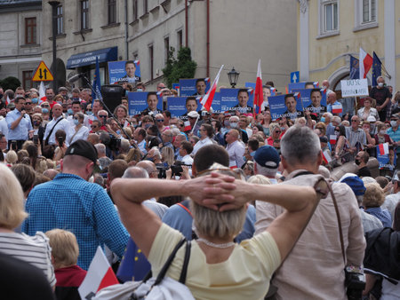 BIELSKO-BIALA, POLAND on JUNE 12, 2020: Warsaw Mayor Rafal Trzaskowski, presidential candidate of the Civic Coalition party speaks to voters.のeditorial素材