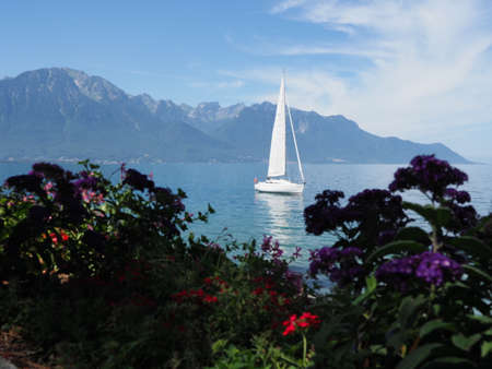 Whire yacht and flowers at promenade in european Montreux city at Lake Geneva in canton Vaud in Switzerland, clear blue sky in 2017 warm sunny summer day on July.の写真素材