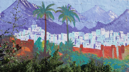 CHEFCHAOUEN, MOROCCO on APRIL 2019: Town depicted as a painting on the wall.