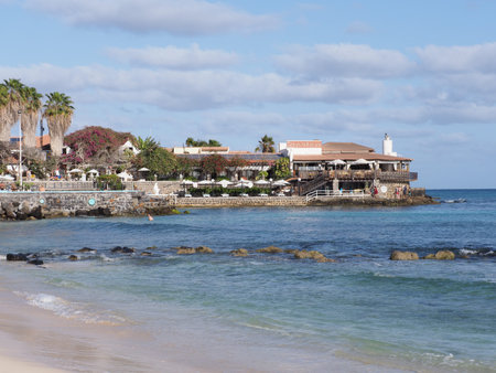 SANTA MARIA, CAPE VERDE on MARCH 2019: Tropical peninsula on Atlantic Ocean in african town at Sal...