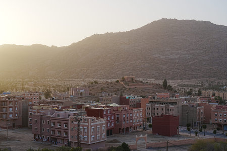 TAFRAOUT, MOROCCO on January 21st 2023: Sun set over African town at Tiznit province, Souss-Massa,...