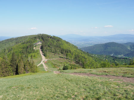 Wonderful Klimczok mount 1 117 m in Silesian Beskids, European Bielsko-Biala city, Poland, clear blue sky in 2018 warm sunny spring day on May.の写真素材