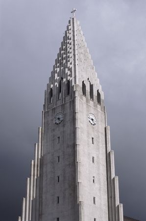 Reykjavic Cathedral tower on a stormy dayの写真素材