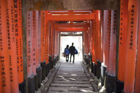 Two figures walking away from camera through lines of torii gates at the Fushimi Inari shrine in Kyoto, Japanのeditorial素材