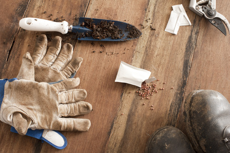 Gardening still life with gloves, a small trowel, open packet of spilled seeds, boots and secateurs for pruning on a wooden tableの写真素材