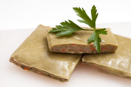 Close up of green swabian pockets with parsleyの写真素材