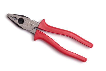 Combination pliers with red grasp on a white background