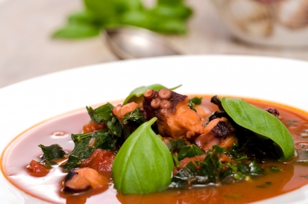 Octopus and basil with tomato sauce in a white plateの写真素材