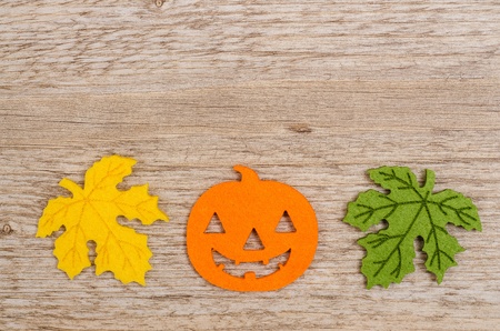 Orange pumpkin at Halloween with maple leafs and free spaceの写真素材