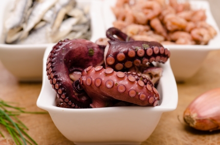 Octopus in a white bowl and in front of sardines and shrimpsの写真素材