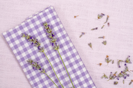 Violet checkered cloth with flowers of lavenderの写真素材