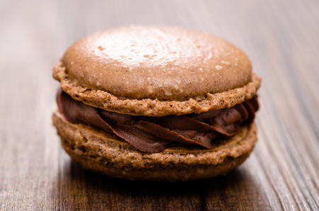 French brown macaron with chocolate an cocoa baiserの写真素材