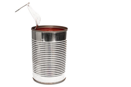 Opened tin can with red tomatoes and white isolated