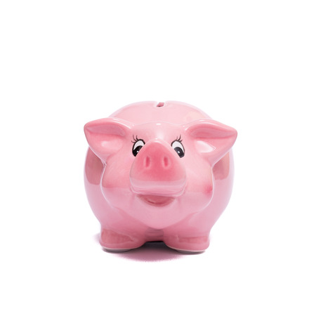 Pink piggy bank from the front white isolatedの写真素材
