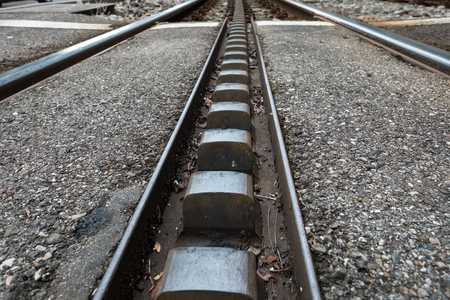 Rails and gears of a rack railway in Stuttgart Germanyの写真素材