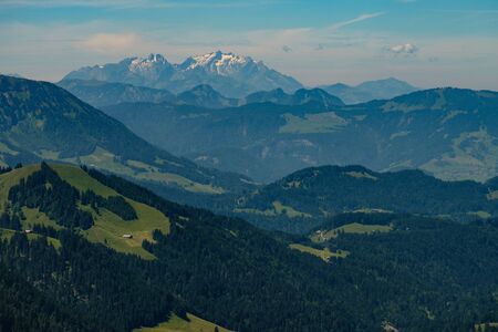 Aerial in summer of Bregenzer Forest with peak of SÃÂ¤ntis mountainの写真素材