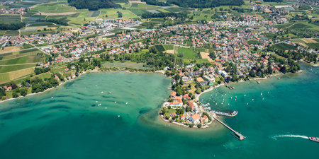 Aerial perspective to village Wasserburg with port in Bavaria at lake constanceの写真素材