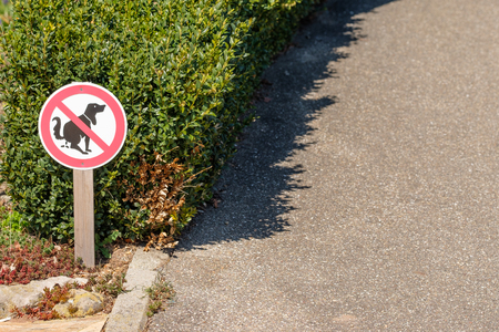 Prohibition sign no dog excrement on garden and sidewalkの写真素材